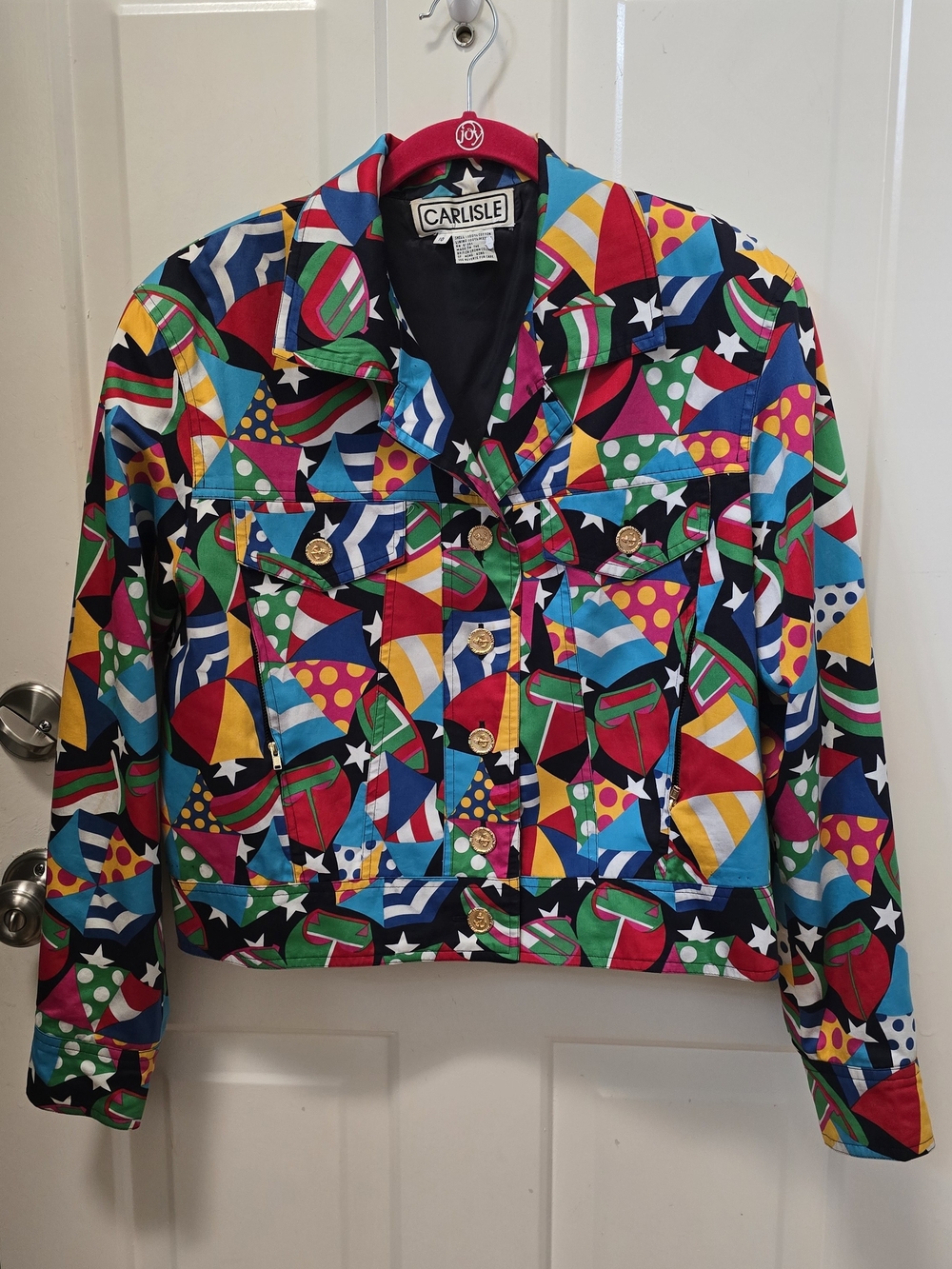 Vintage Carlisle Multicolor Geometric Print Bomber Jacket W/ Pockets-Size 10